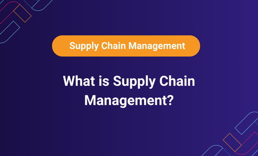 Supply Chain Management graphic with headline asking “What is Supply Chain Management?” on a purple background.